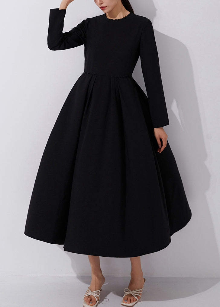 French Black Zippered Nail Bead Long Dresses Fall