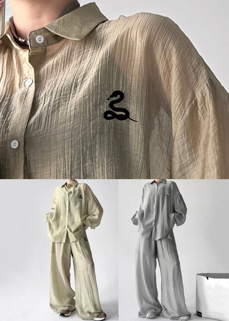 Khaki Peter Pan Collar Button Cotton Two Pieces Set Fall