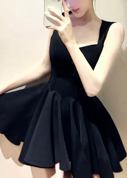 Black High Waist Pleated Dress V Neck Summer