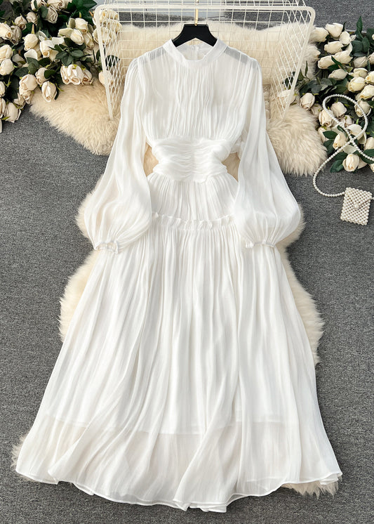 White Wrinkled Patchwork Silk Cotton Dress Long Sleeve Fall