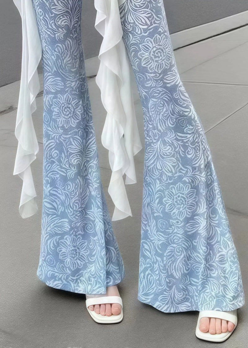 Art Denim Blue Print Tummy Control Tulle Bell-bottom Trousers Summer