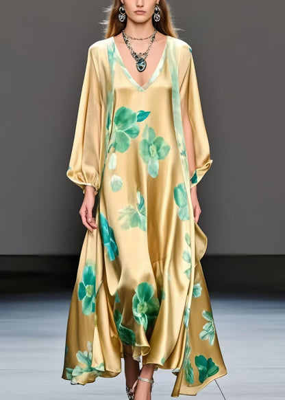 Fine Yellow Oversized Print Silk a Line Dress Fall