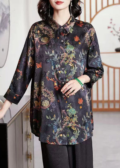 Navy Print Button Patchwork Silk Shirt Tops Fall