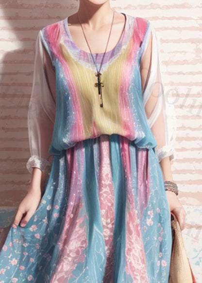 Colorblock Print High Waist Silk Dresses Summer