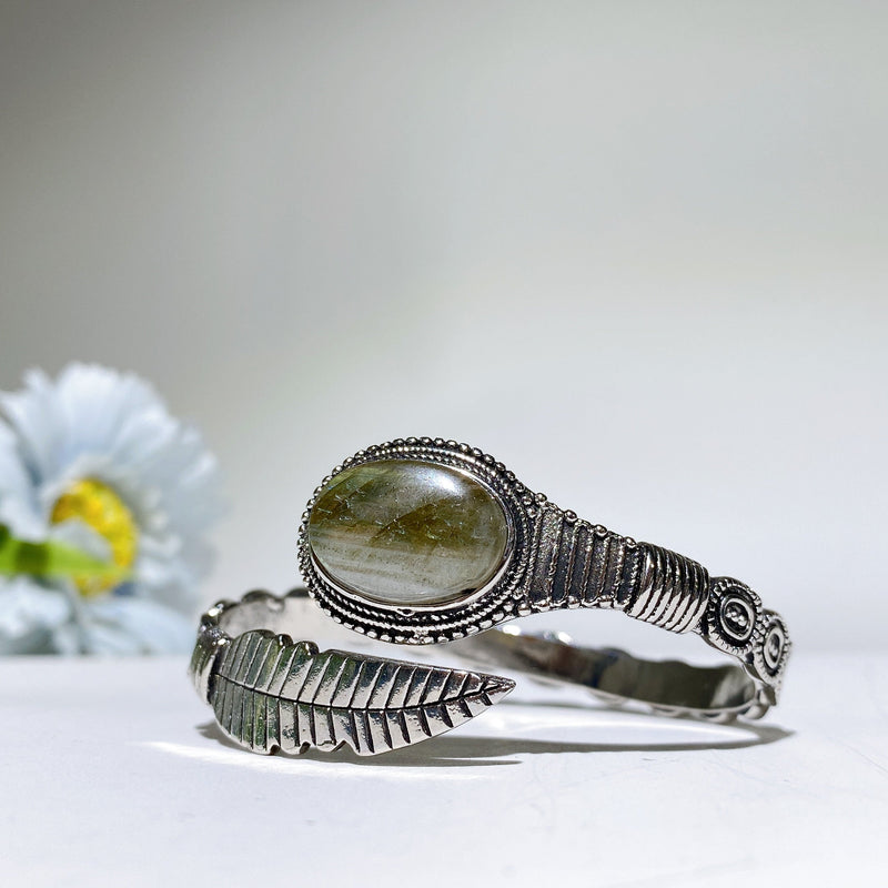 Adjustable Silver Crystal Bangle With Healing Gemstones