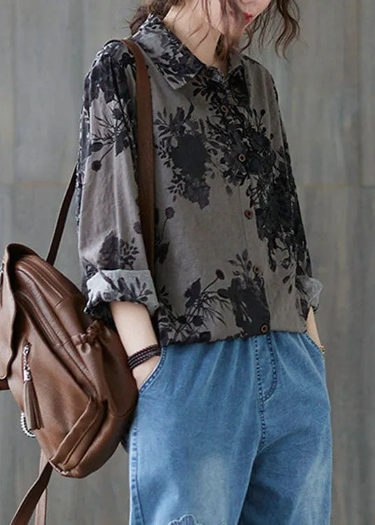 Unique Yellow Leopard Print Peter Pan Collar Button Print Fall Blouses Long Sleeve