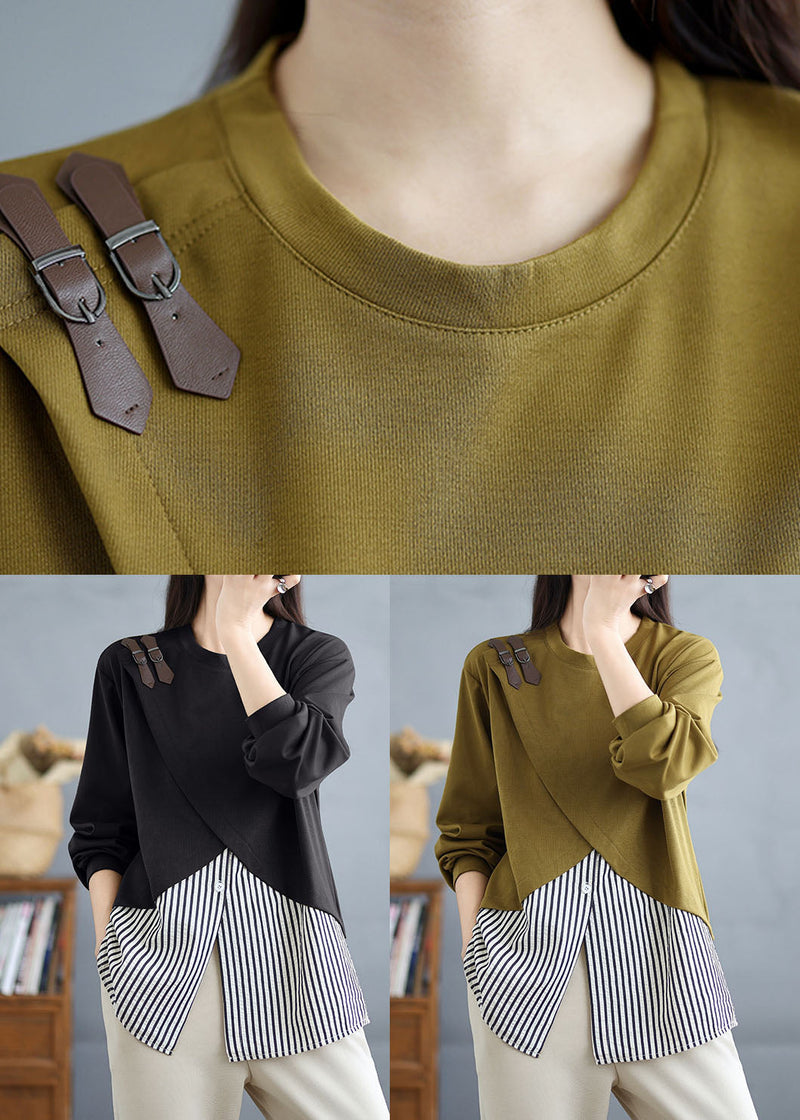 Green O Neck Patchwork False Two Pieces Cotton Top Spring