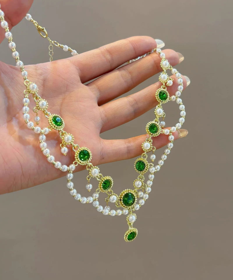 Green Alloy Crystal Pearl Lace Double-layer Pendant Necklace