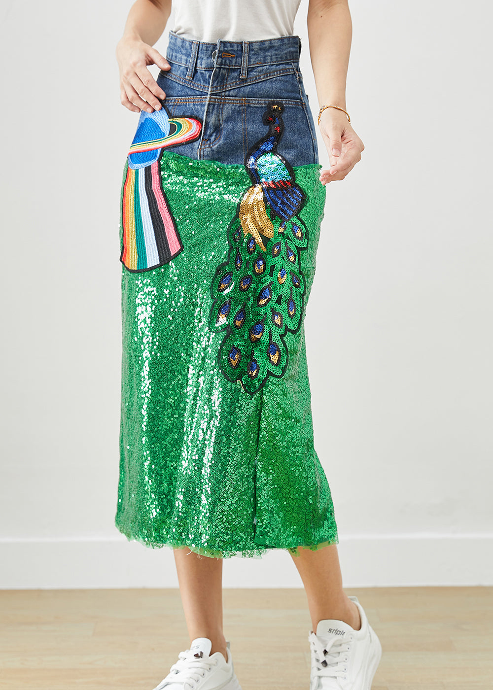 Diy Peacock Embroideried Patchwork Sequins Denim Skirt Fall