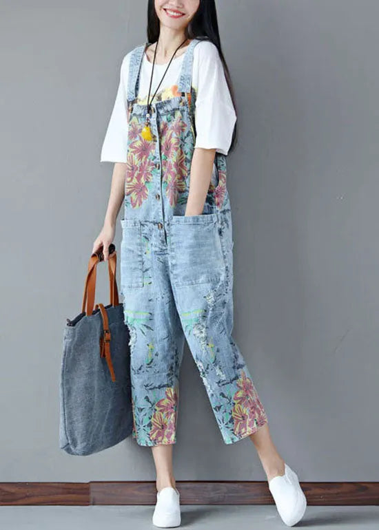 Italian Light Blue Pockets Print Ripped Jeans Jumpsuits Summer