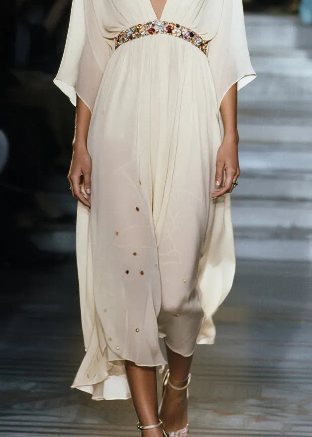 White V Neck Draping Chiffon Vacation Dresses Summer