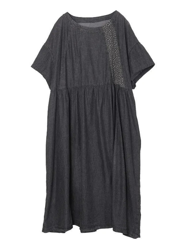 Black Patchwork Cinched Denim Ankle Dress Summer