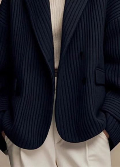 French Black Notched Striped Button Spandex Coats Fall
