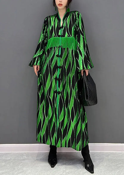 Green V Neck Patchwork Tassel Button Velour Maxi Dresses Fall