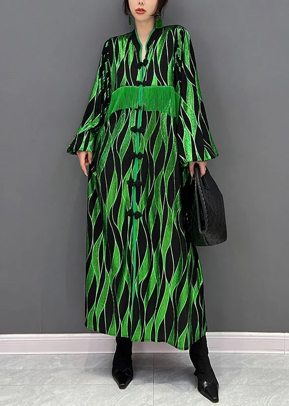 Green V Neck Patchwork Tassel Button Velour Maxi Dresses Fall