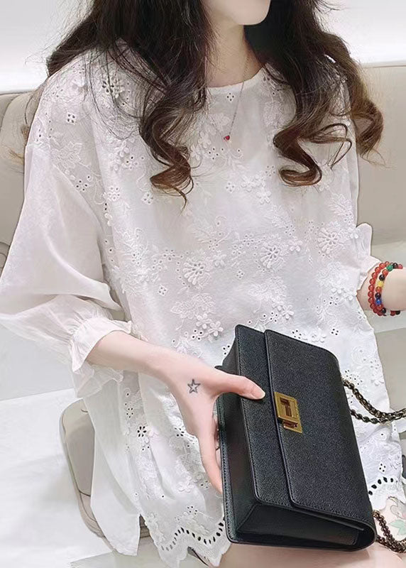 White Jacquard Half Sleeve Cotton Blouse Top Summer