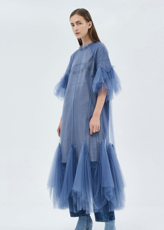Blue O-neck Patchwork Tulle Maxi Dresses Half Sleeve Summer