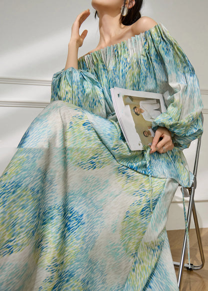 Green Slash Neck Tie Waist Top and Maxi Skirts Spring