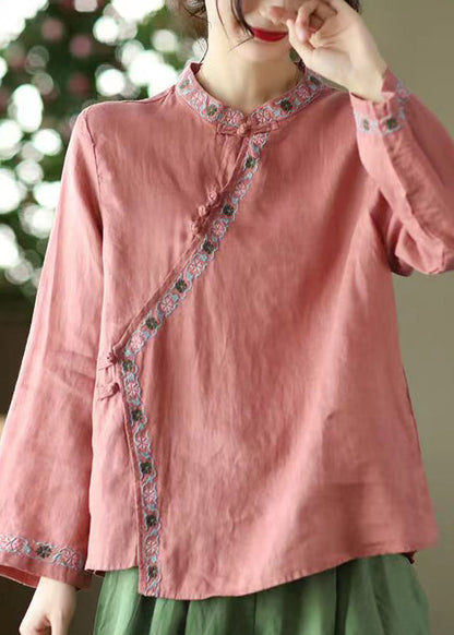Red Stand Collar Embroideried Linen Shirt Top Long Sleeve