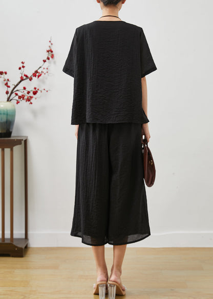 Black Embroidered Patchwork Linen Two Pieces Set Summer