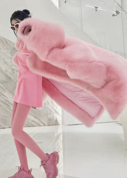 Pink Peter Pan Collar Pockets Patchwork Fuzzy Fur Fluffy Coat Winter