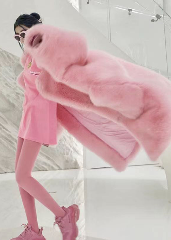 Pink Peter Pan Collar Pockets Patchwork Fuzzy Fur Fluffy Coat Winter