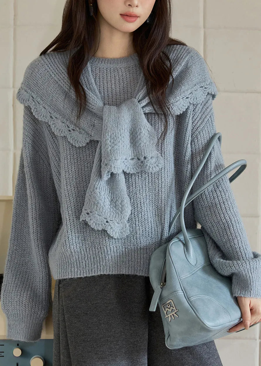 Blue O-neck Cotton Knit Sweaters and Shawl Two Pieces Set Lantern Sleeve