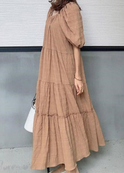 Light Green O-neck Patchwork Wrinkled Maxi Dresses Puff Sleeve