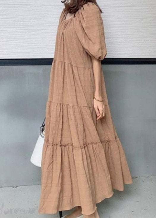 Light Green O-neck Patchwork Wrinkled Maxi Dresses Puff Sleeve