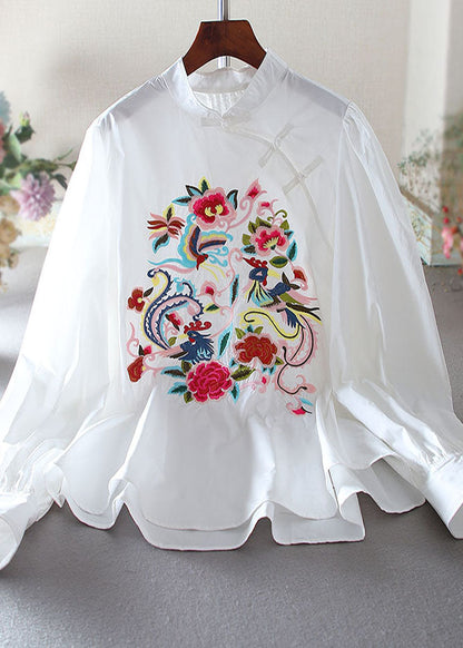 White Embroidered Chinese Button Cotton Blouse Top Spring