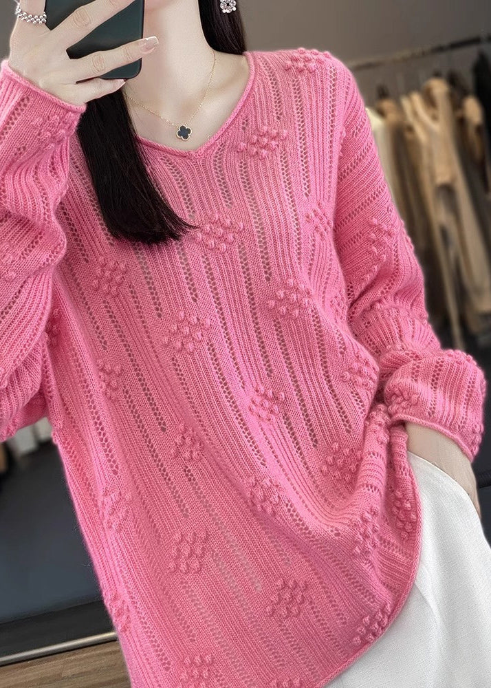 Rose V Neck Hollow Out Cotton Knit Sweaters Fall