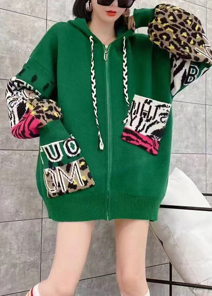 White Zippered Hooded Graphic Knit Coat Spring