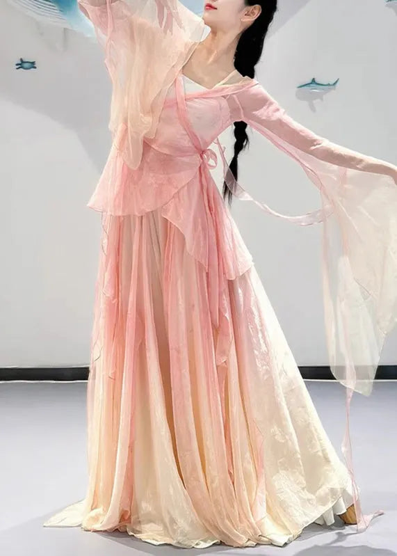 Gradient Color Pink V Neck Silk Top and Maxi Skirts Two Pieces Set Flare Sleeve