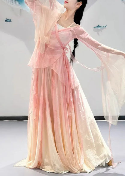 Gradient Color Pink V Neck Silk Top and Maxi Skirts Two Pieces Set Flare Sleeve