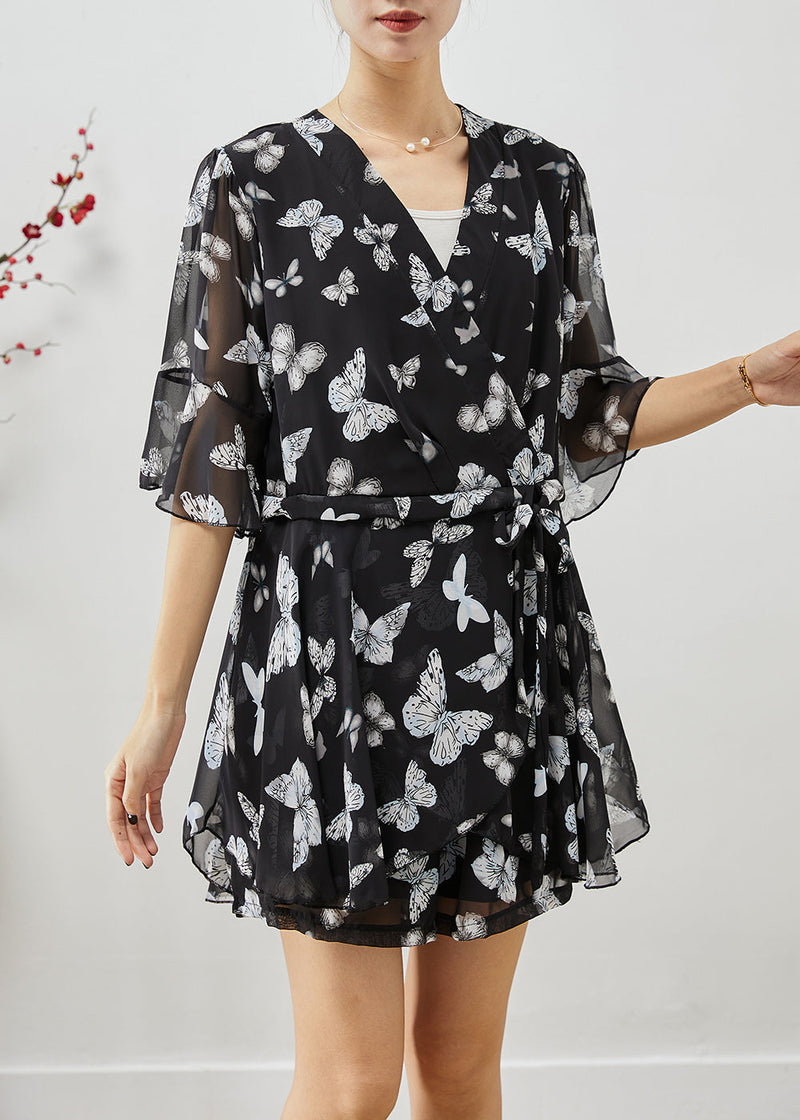 Black Butterfly Drawstring Chiffon Two Pieces Set Summer
