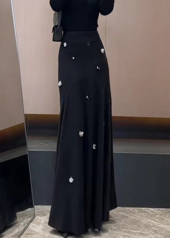 French Black Sequins High Waist Cotton Skirt Spring