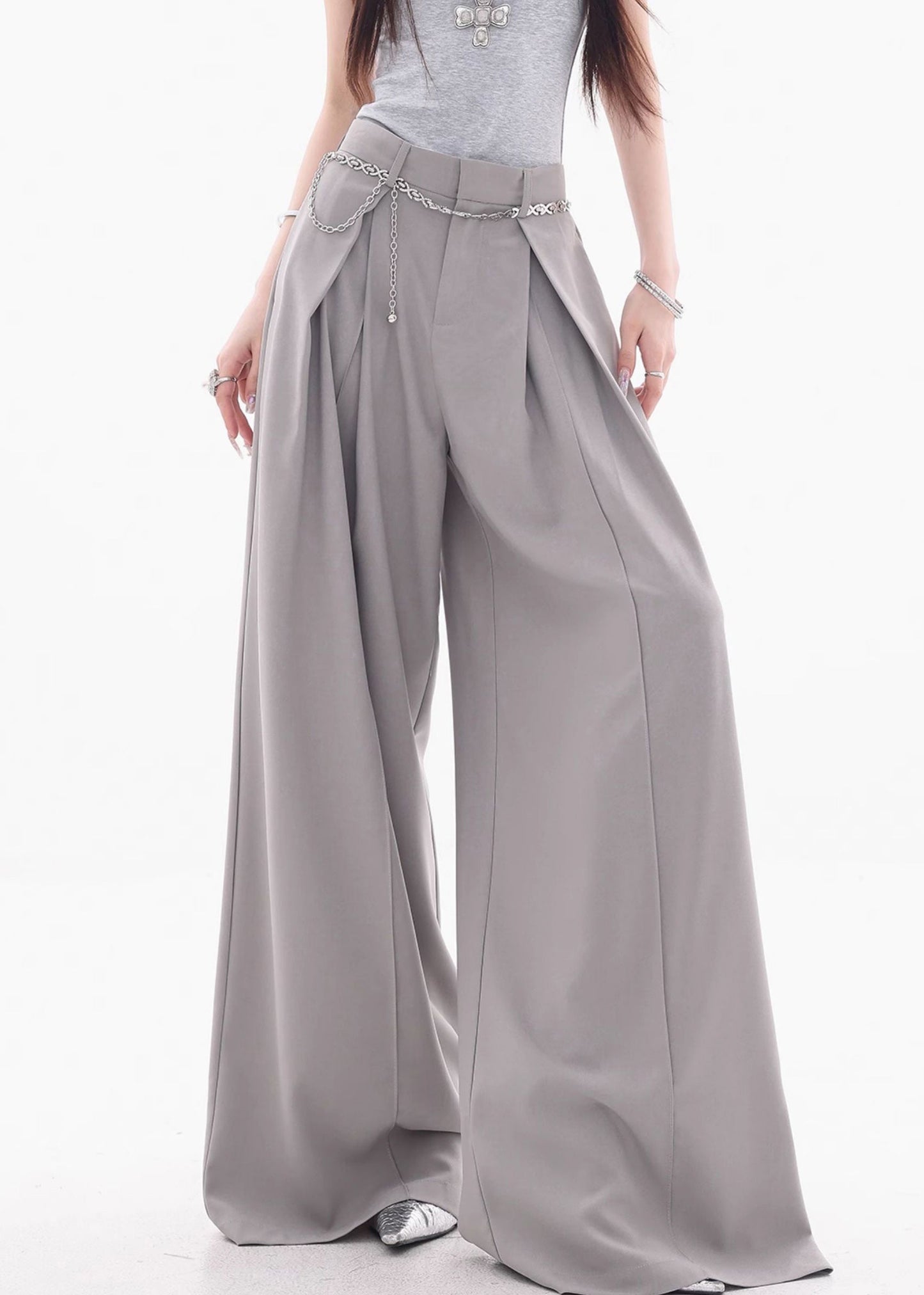 French Grey High Waist Spandex Wide Leg Pants Fall