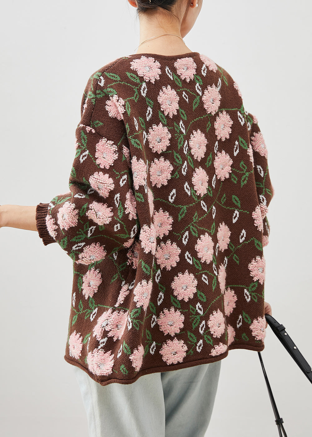 Simple Coffee Oversized Jacquard Knit Cardigan Winter