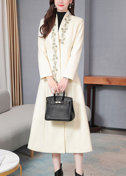 White V Neck Woolen Long Trench Coats Spring