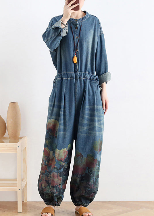 Blue O-neck Button Cotton Denim Jumpsuit Long Sleeve