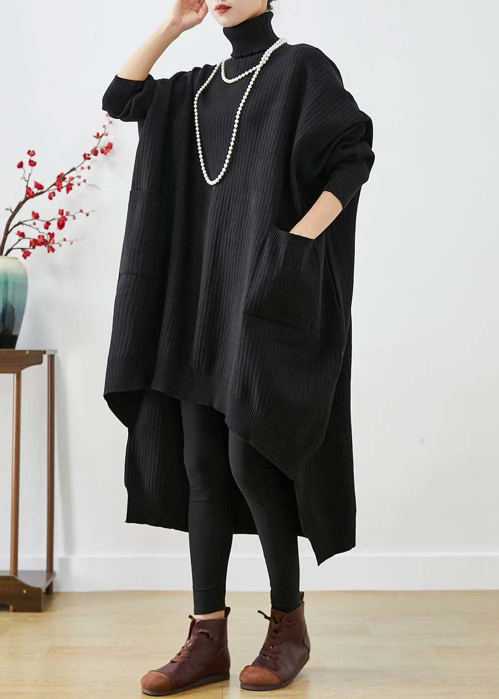 Modern Black Oversized Low High Design Knit Sweater Dress Batwing Sleeve Winter