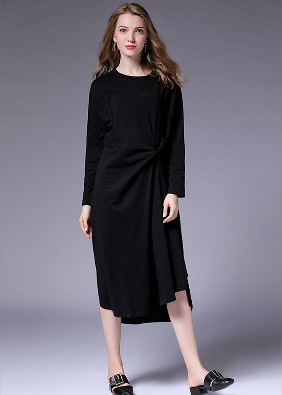 Black Wrinkled Asymmetrical Design Side Open Long Dresses Fall