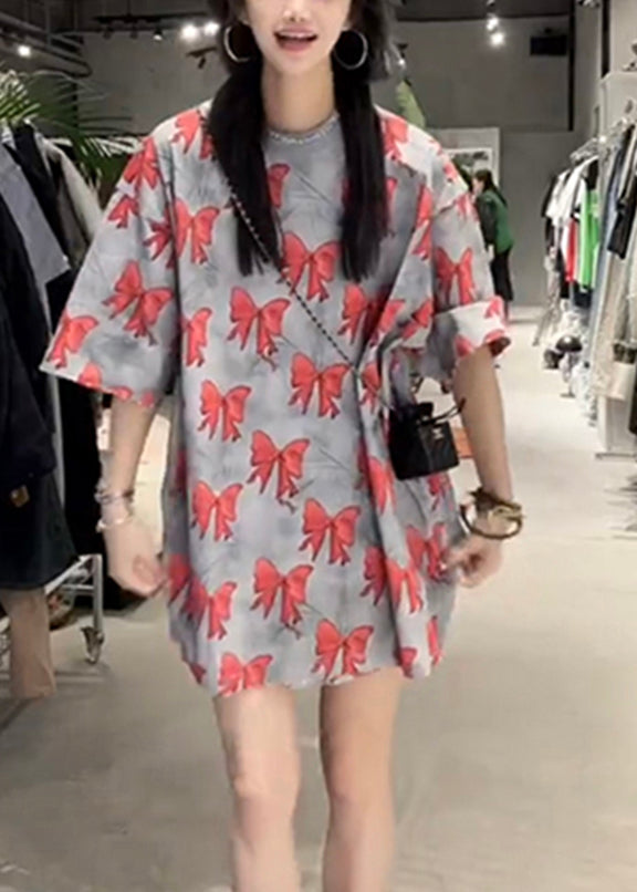 Loose Red O-neck Bow Print T Shirt Summer