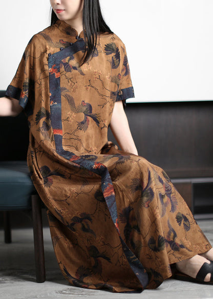 Yellow Mandarin Collar Print Silk Cheongsam Dress Short Sleeve