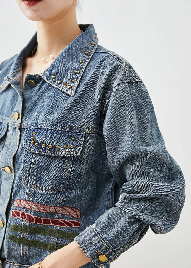 Art Blue Embroideried Print Rivet Denim Two Pieces Set Fall