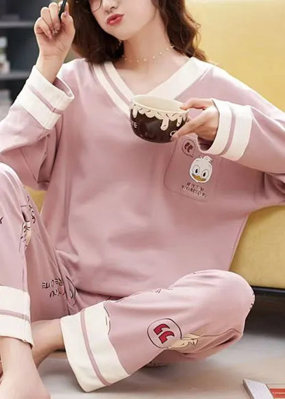 Pink Print Pockets Patchwork Cotton Pajamas Two-piece Set V Neck Fall