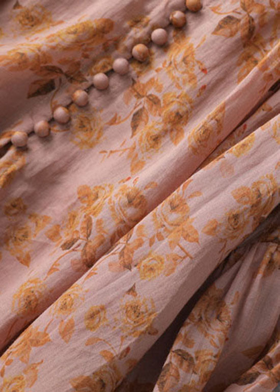 Orange Print Button Patchwork Linen Long Dresses Summer