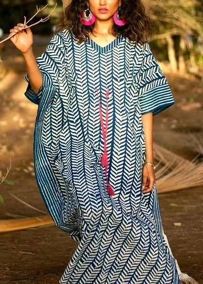 Organic Blue V Neck Kimono Robe Cotton Dress