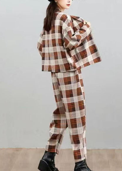 Plaid Button Top and Beam Pants Two Pieces Set Spring