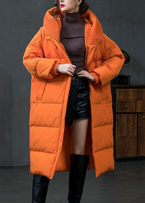 Orange Hooded Zip Up Duck Down Down Coat Long Sleeve
